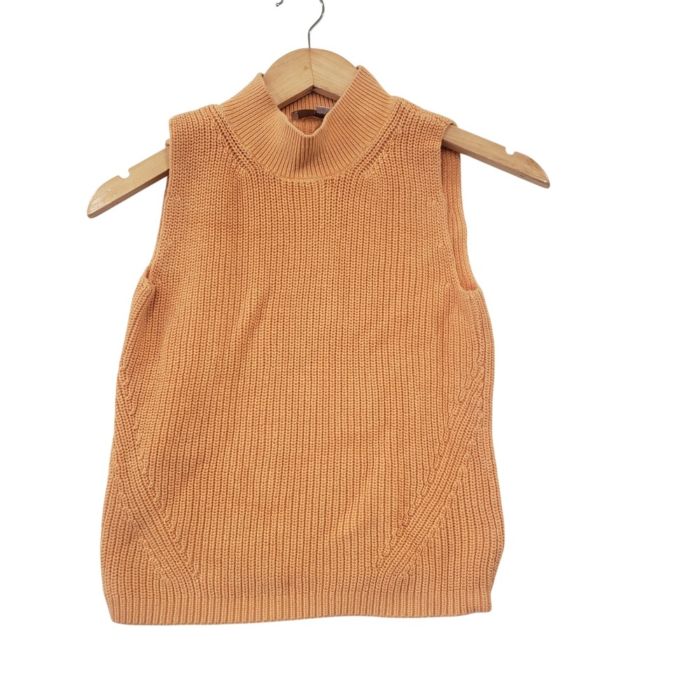 LOFT Sweater Vest Womens Small Orange Sleeveless Mock Neck Cotton Preppy Coastal